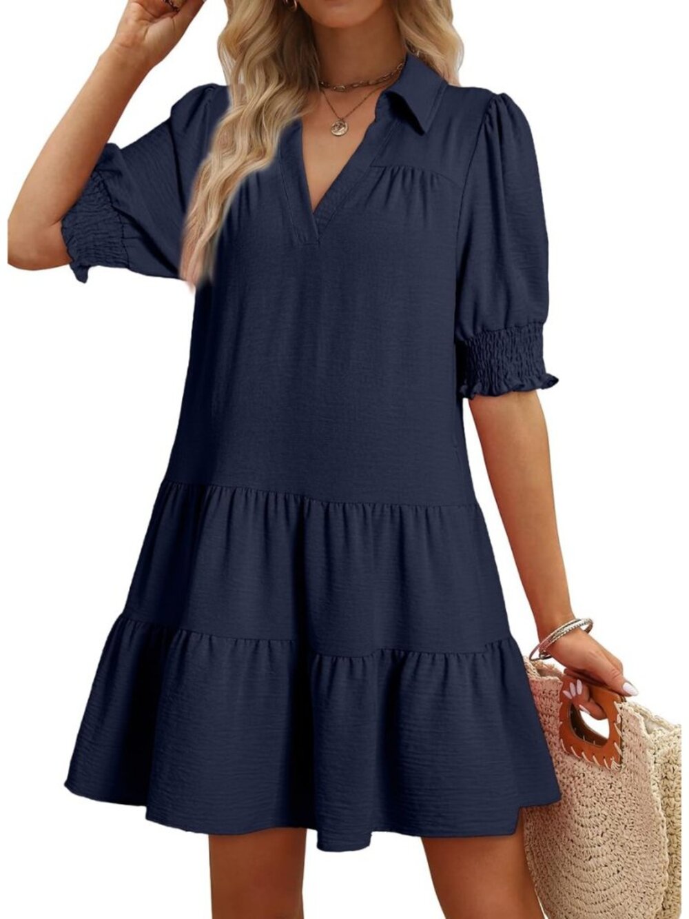 Casual Dresses for Women Lapel Collared V Neck Mid Sleeved Pleated Summer